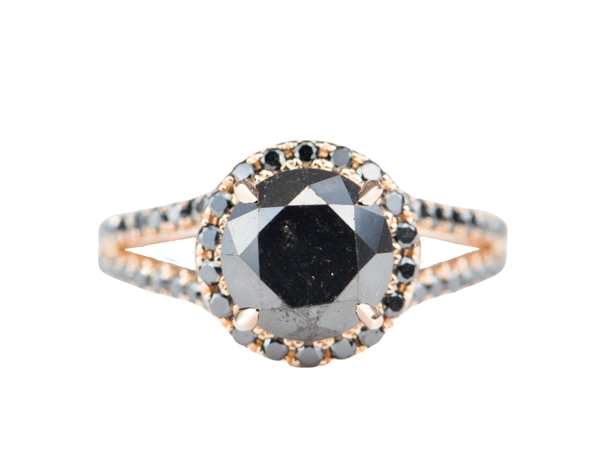 2.96ct Round Black Diamond Halo and Pave Band 14K Gold Engagement Ring R6336 Aurora Designer