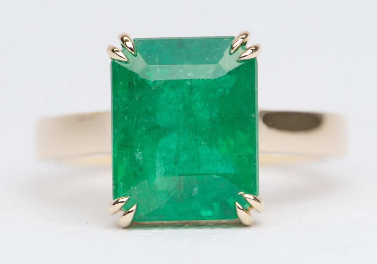 5.33ct Emerald Statement Ring 14K Yellow Gold Solitaire Green Envy Double Prongs Modern R6348 Aurora Designer