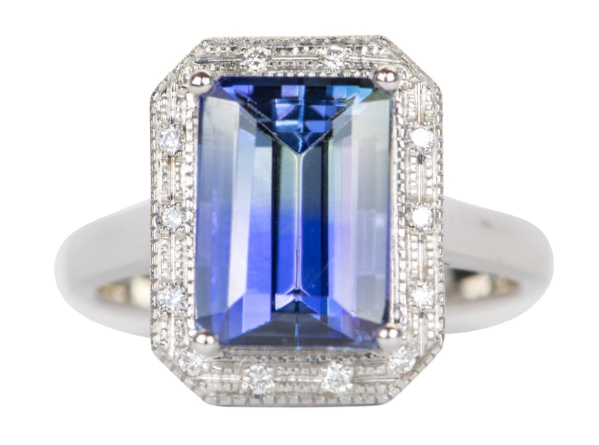 5.21ct Bi-Color Purplish Blue Tanzanite with Diamond Halo 14K Gold Ring R6355 Aurora Designer