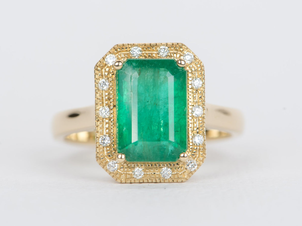 3.31ct Emerald with Diamond Halo 14K Yellow Gold Statement Ring Alternative Bride Engagement Bridal Intense Green R6359 Aurora Designer