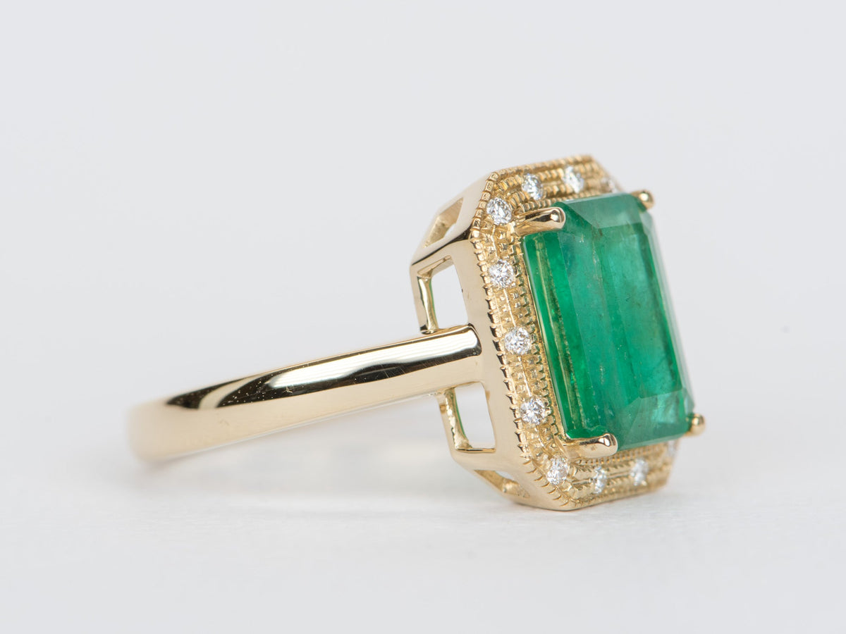 3.31ct Emerald with Diamond Halo 14K Yellow Gold Statement Ring Alternative Bride Engagement Bridal Intense Green R6359 Aurora Designer