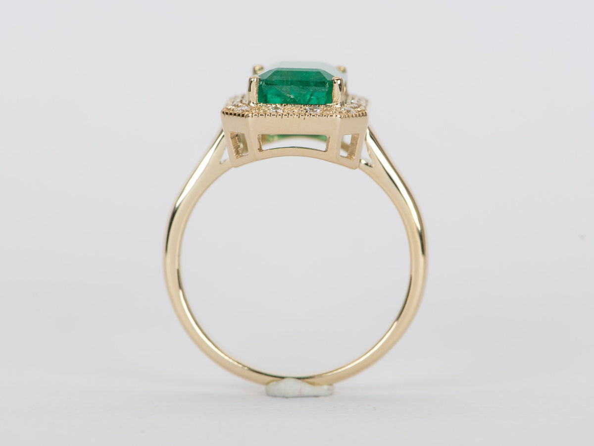 3.31ct Emerald with Diamond Halo 14K Yellow Gold Statement Ring Alternative Bride Engagement Bridal Intense Green R6359 Aurora Designer