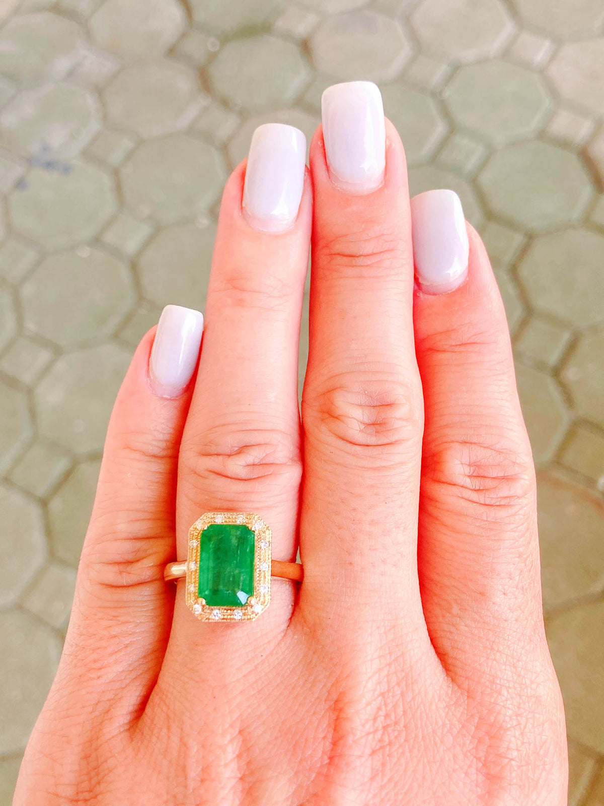 3.31ct Emerald with Diamond Halo 14K Yellow Gold Statement Ring Alternative Bride Engagement Bridal Intense Green R6359 Aurora Designer