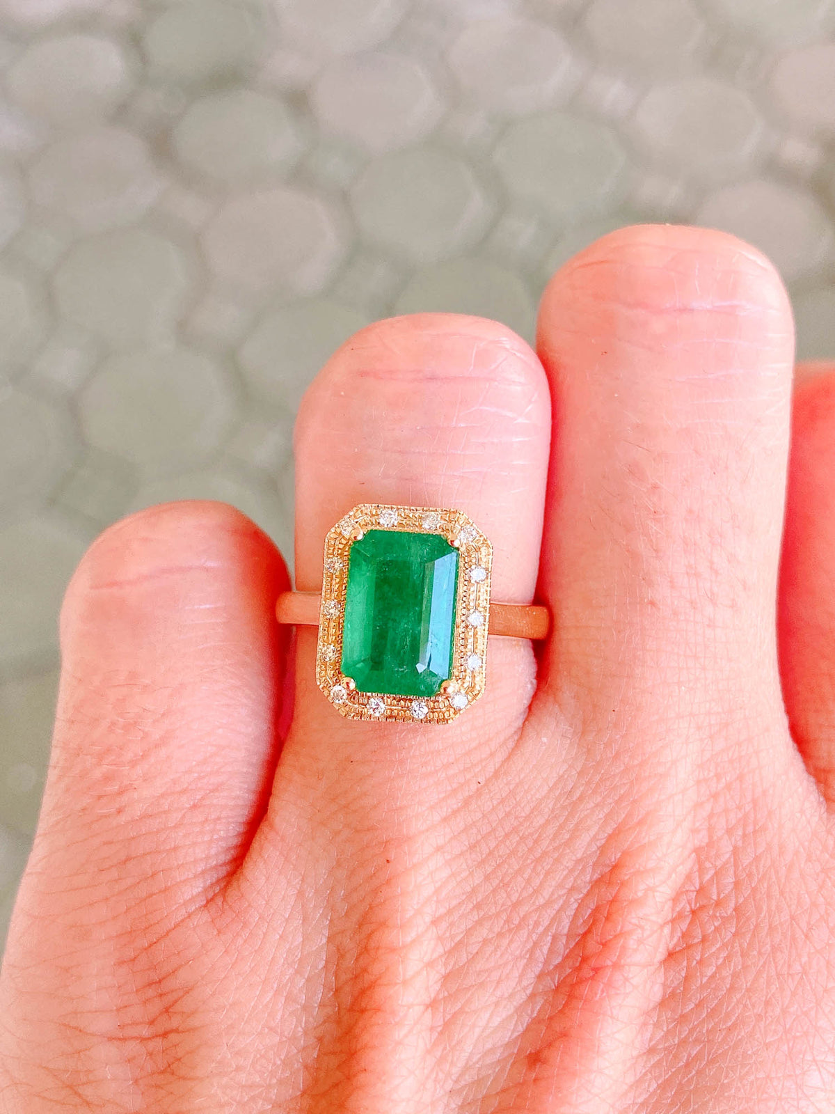 3.31ct Emerald with Diamond Halo 14K Yellow Gold Statement Ring Alternative Bride Engagement Bridal Intense Green R6359 Aurora Designer