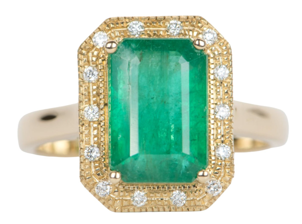 3.31ct Emerald with Diamond Halo 14K Yellow Gold Ring R6359 Aurora Designer