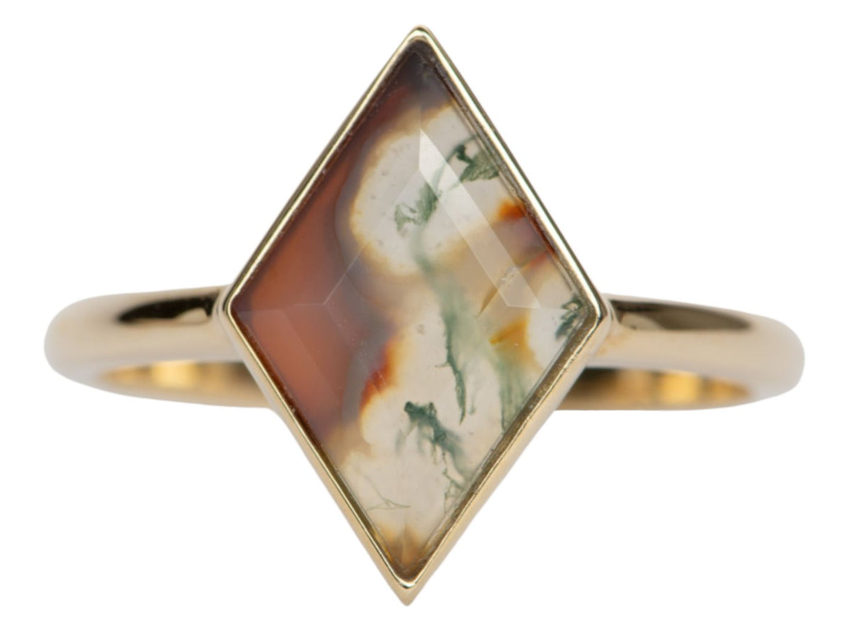 2.18ct Kite Shape Moss Agate Bezel Set 14K Gold Engagement Ring R6363 Aurora Designer