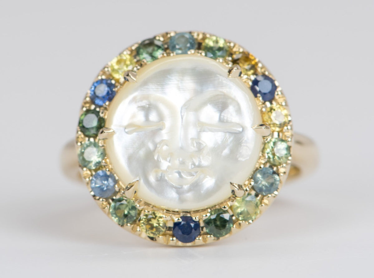 Carved Mother of Pearl Moon Face Disk Ring with Teal Sapphire Gemstone Halo 9K Gold R6367 Aurora Designer