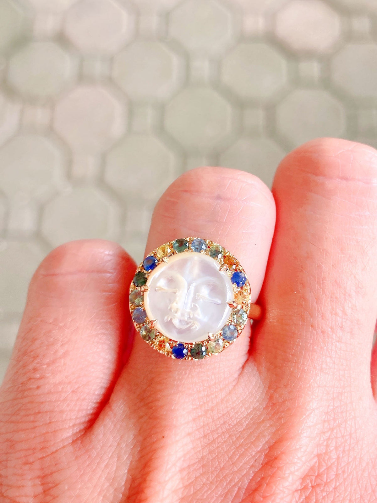 Carved Mother of Pearl Moon Face Disk Ring with Teal Sapphire Gemstone Halo 9K Gold R6367 Aurora Designer