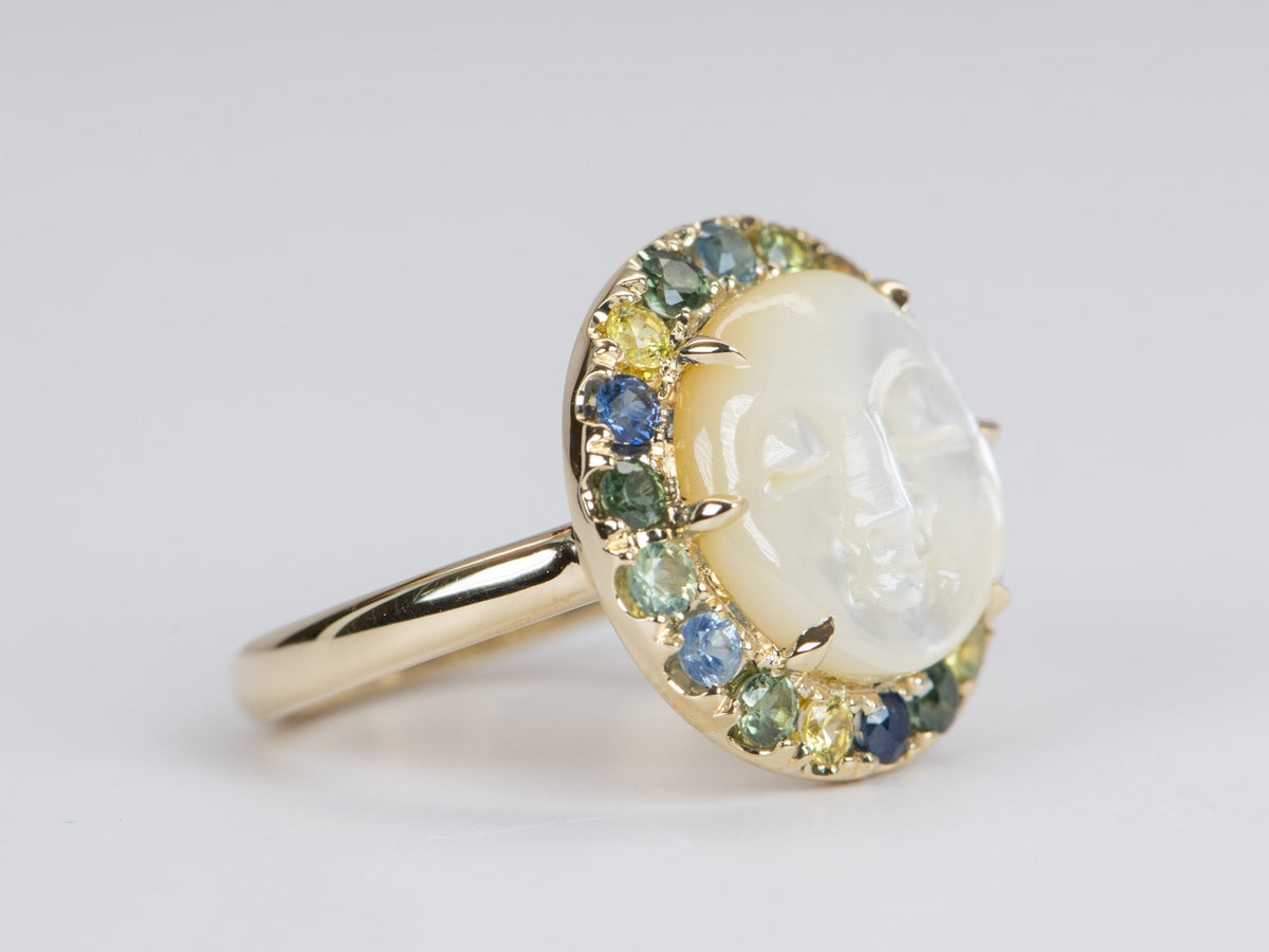 Carved Mother of Pearl Moon Face Disk Ring with Teal Sapphire Gemstone Halo 9K Gold R6367 Aurora Designer