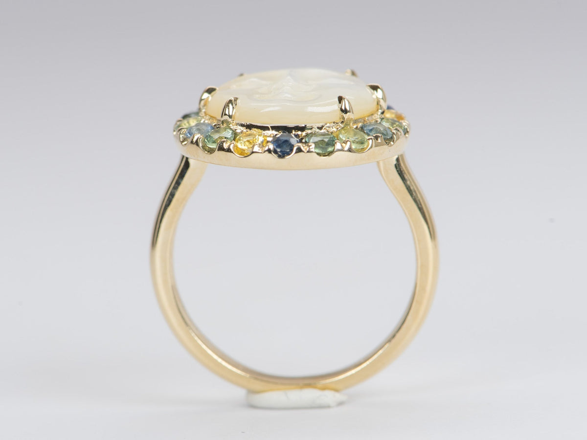 Carved Mother of Pearl Moon Face Disk Ring with Teal Sapphire Gemstone Halo 9K Gold R6367 Aurora Designer