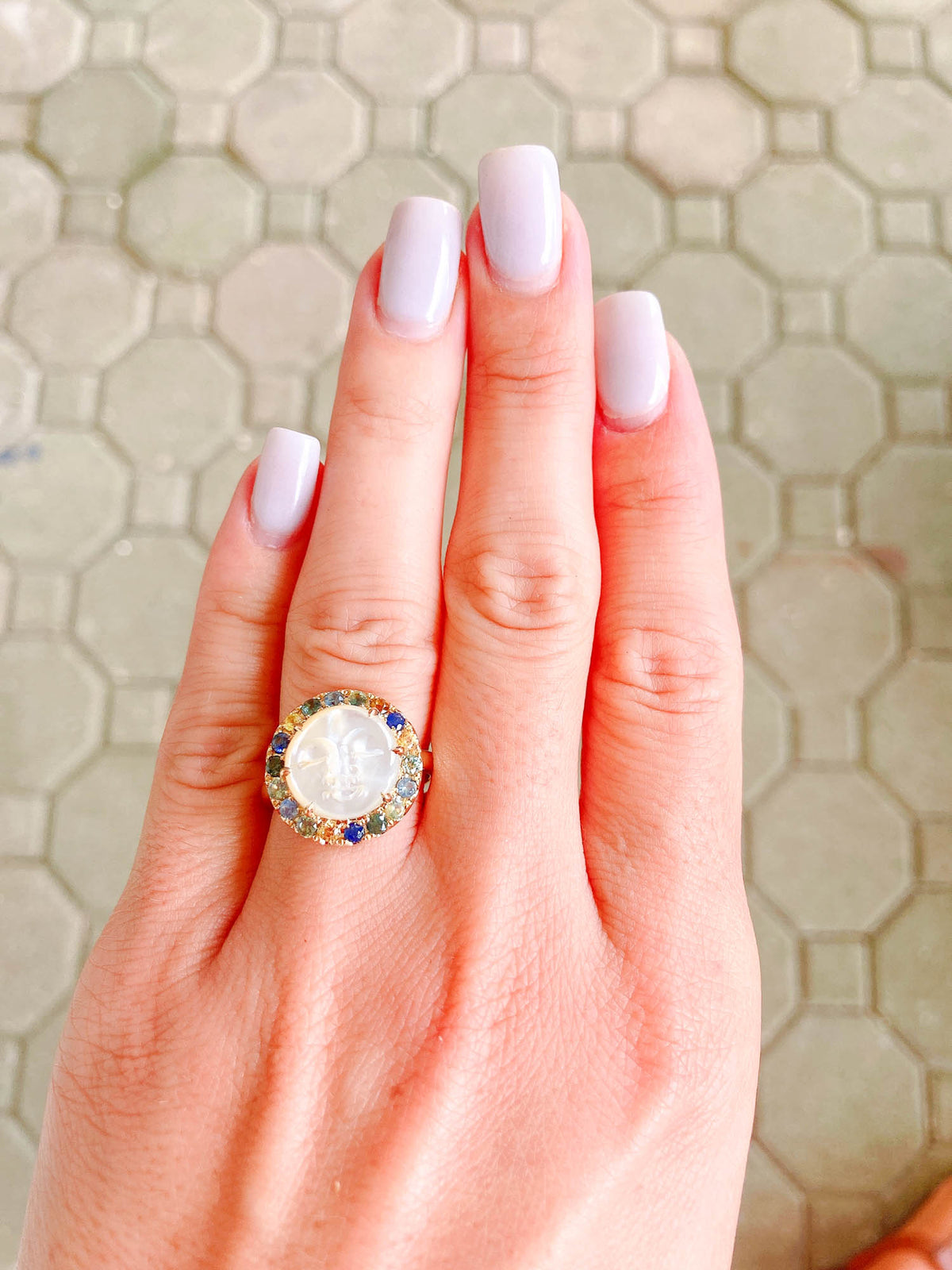 Carved Mother of Pearl Moon Face Disk Ring with Teal Sapphire Gemstone Halo 9K Gold R6367 Aurora Designer
