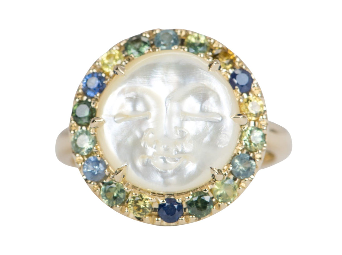 Carved Mother of Pearl Moon Face Disk Ring with Teal Sapphire Gemstone Halo 9K Gold R6367 Aurora Designer