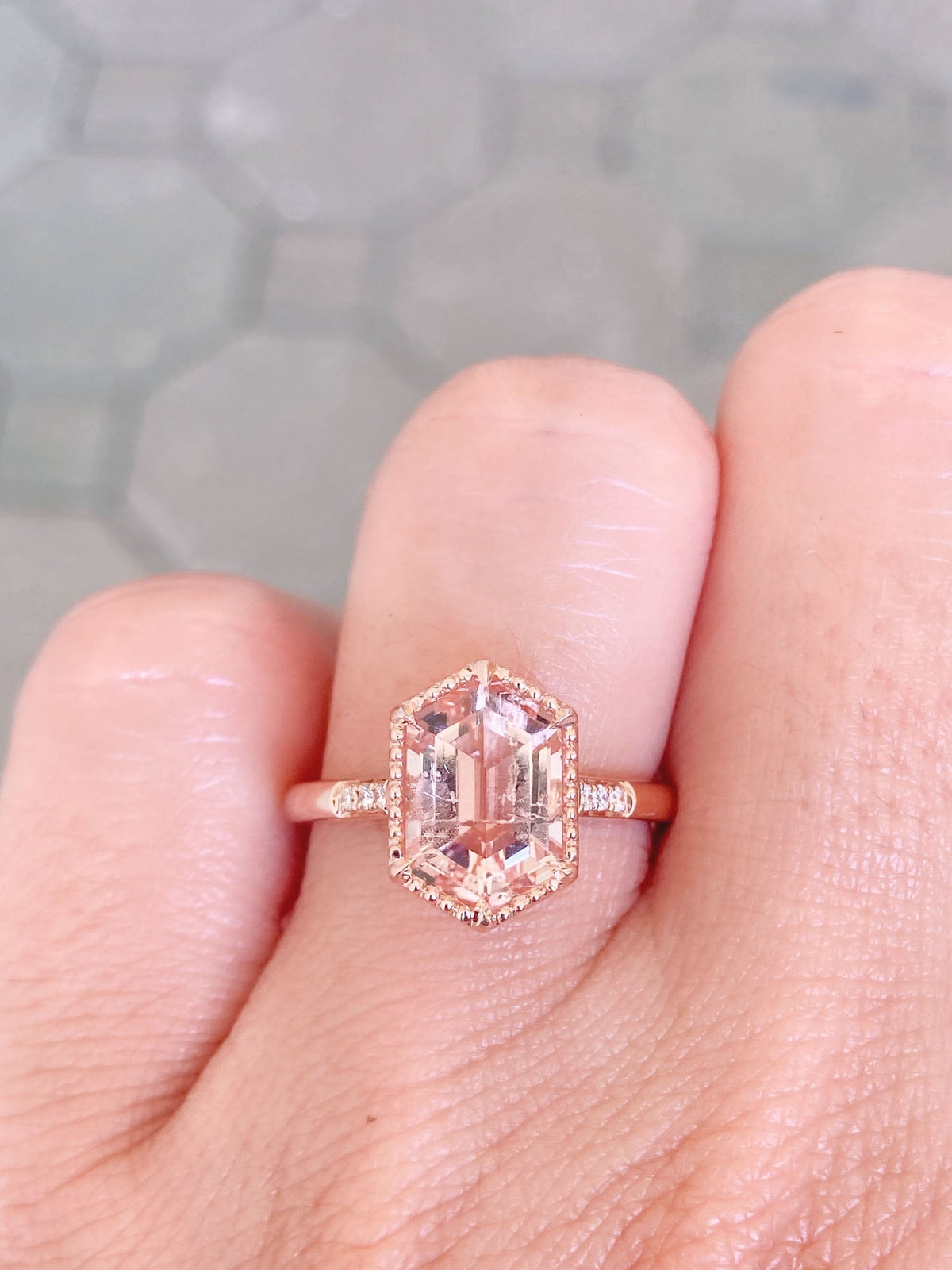 2.17ct Soft Pink Hexagon Morganite Engagement Ring 14K Rose Gold R6392 Aurora Designer