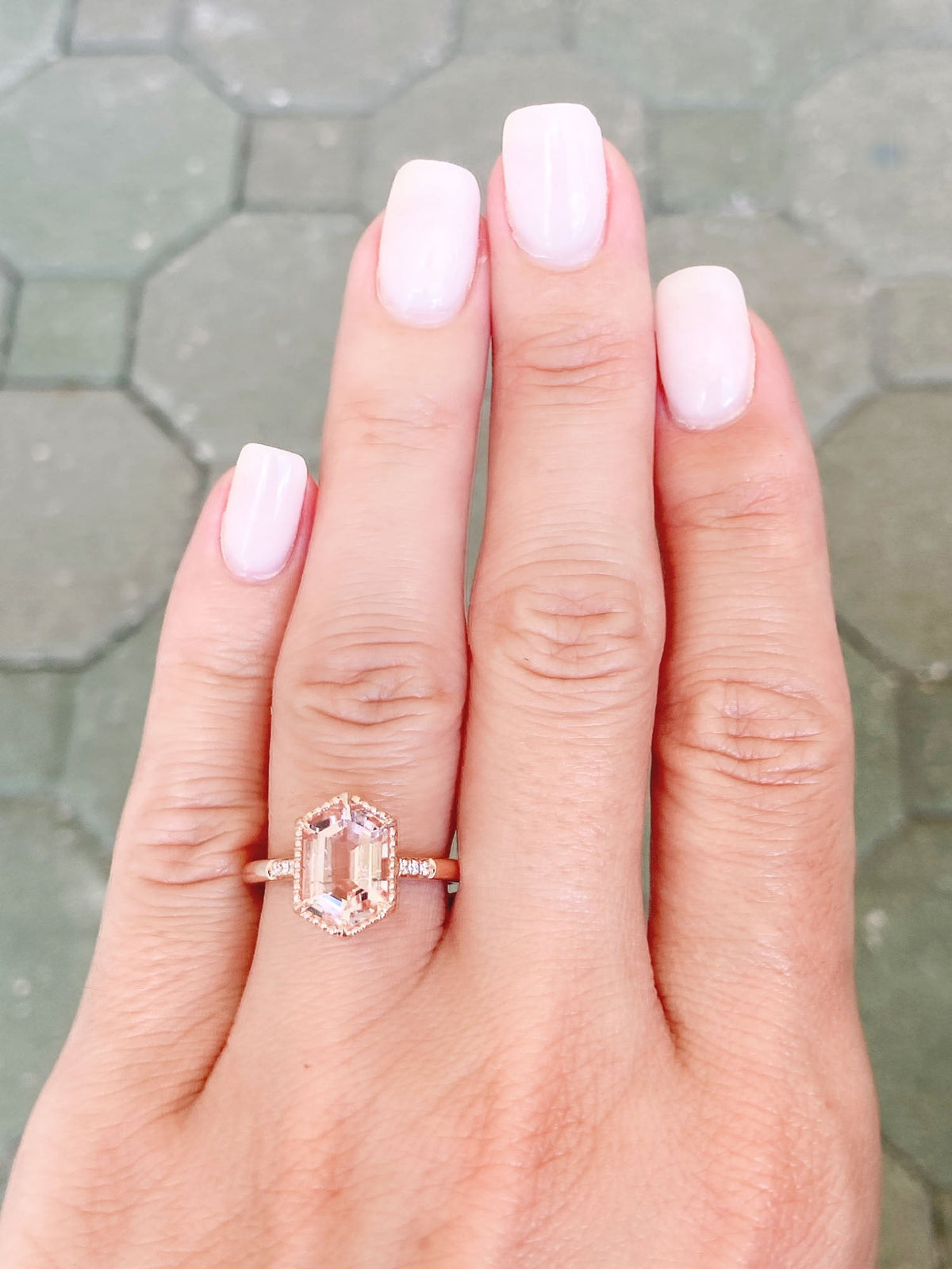 2.17ct Soft Pink Hexagon Morganite Engagement Ring 14K Rose Gold R6392 Aurora Designer