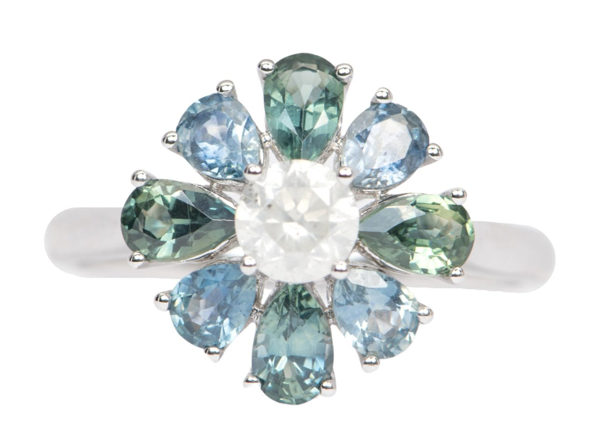 Fancy White Diamond Montana Sapphire Halo 14K White Gold Engagement Ring R6396 Aurora Designer