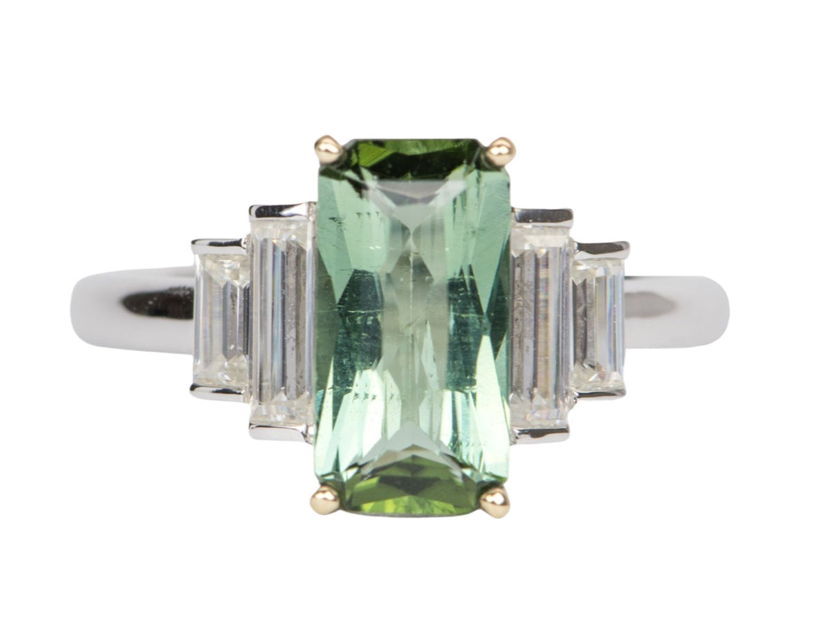 1.95ct Elongated Tourmaline Baguette Sides Engagement Ring 14k Gold R6403 Aurora Designer