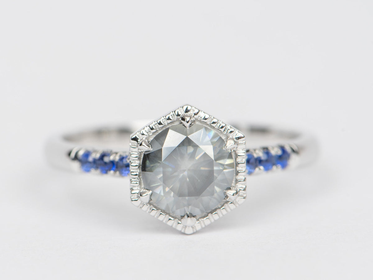 Gray Moissanite in Hexagon Setting Engagement Ring 14K White Gold R6405 Aurora Designer