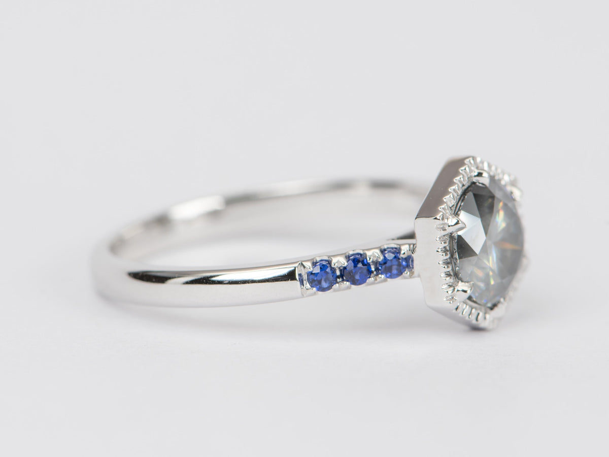 Gray Moissanite in Hexagon Setting Engagement Ring 14K White Gold R6405 Aurora Designer
