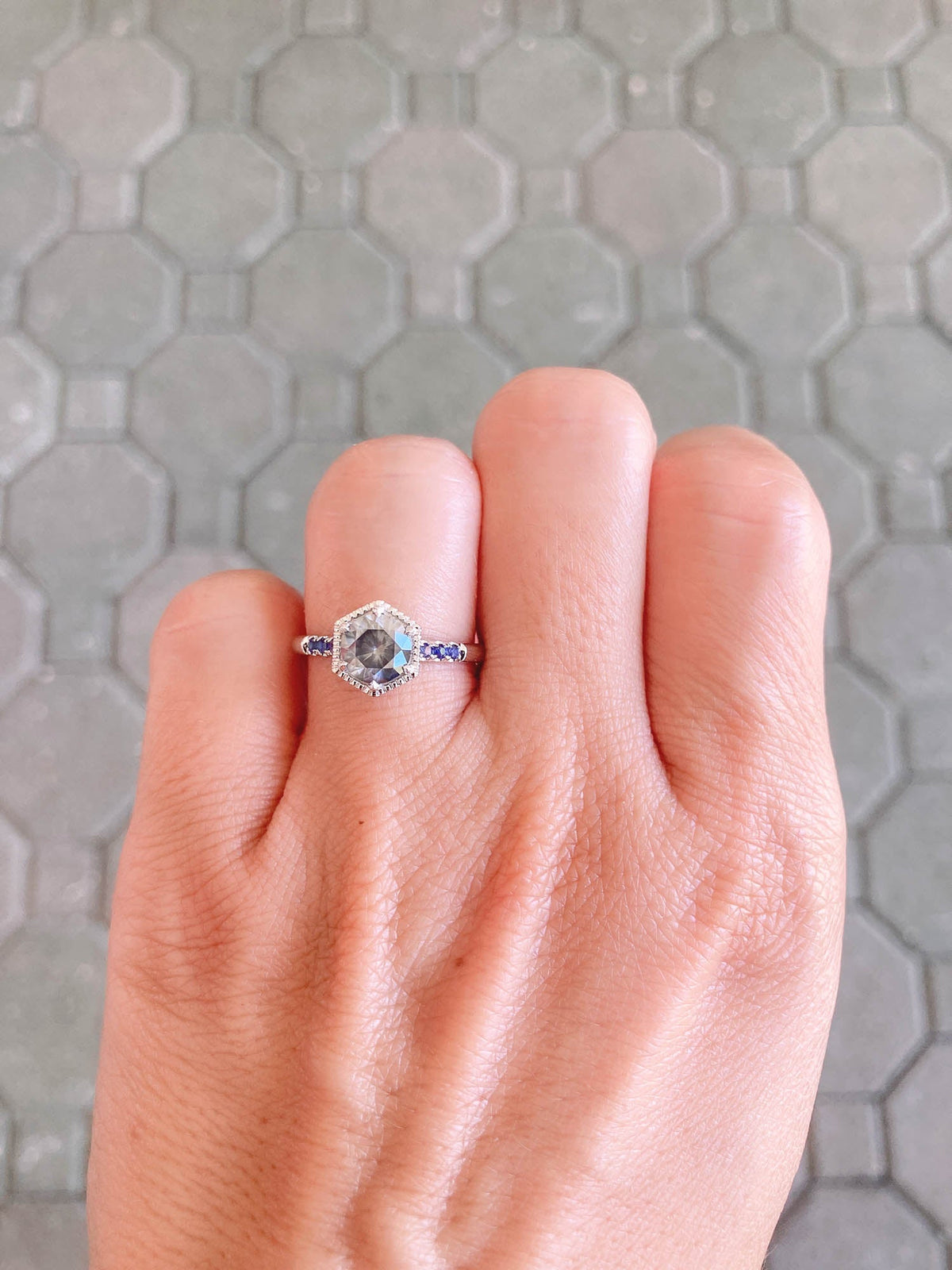 Gray Moissanite in Hexagon Setting Engagement Ring 14K White Gold R6405 Aurora Designer