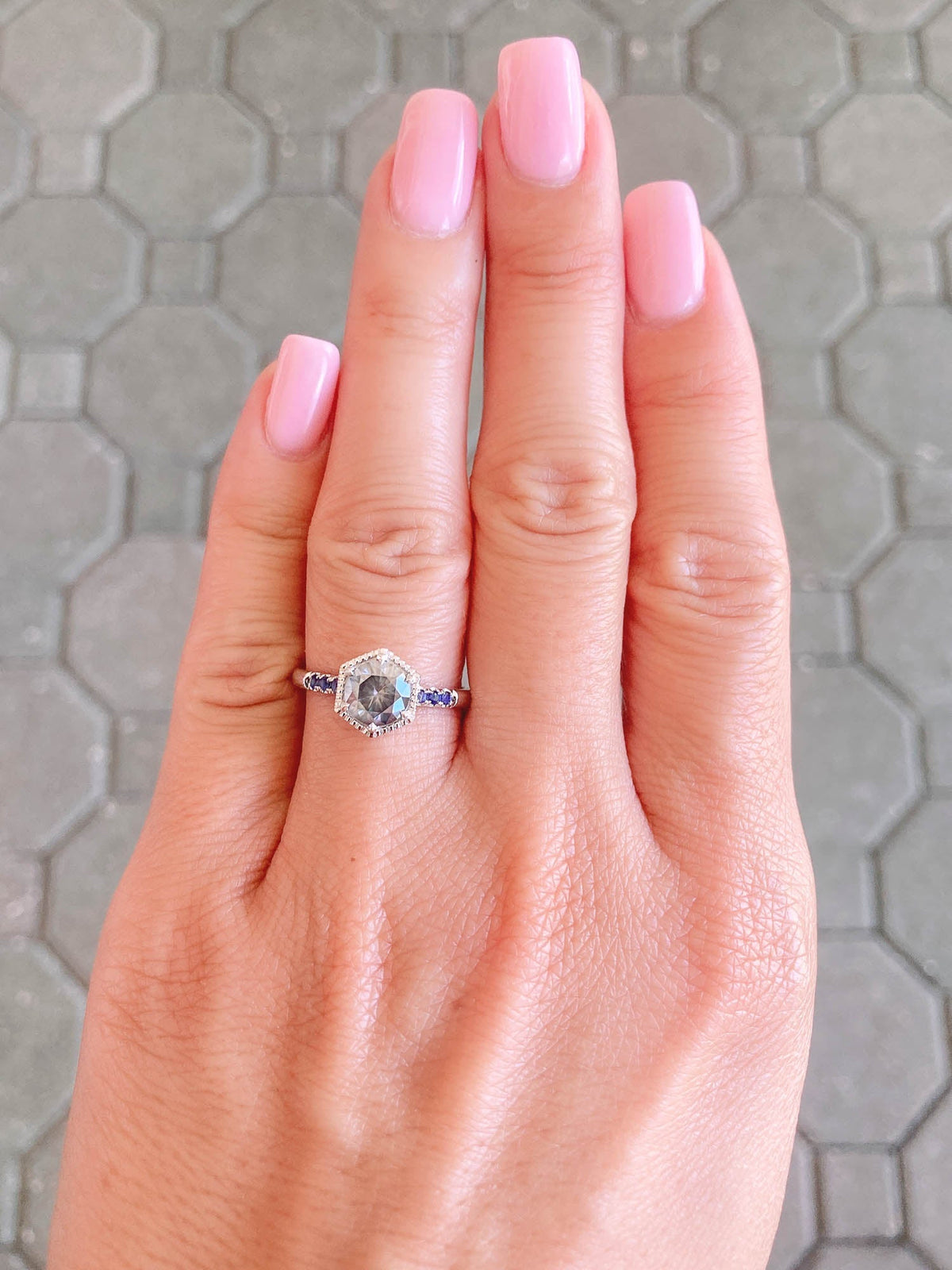 Gray Moissanite in Hexagon Setting Engagement Ring 14K White Gold R6405 Aurora Designer