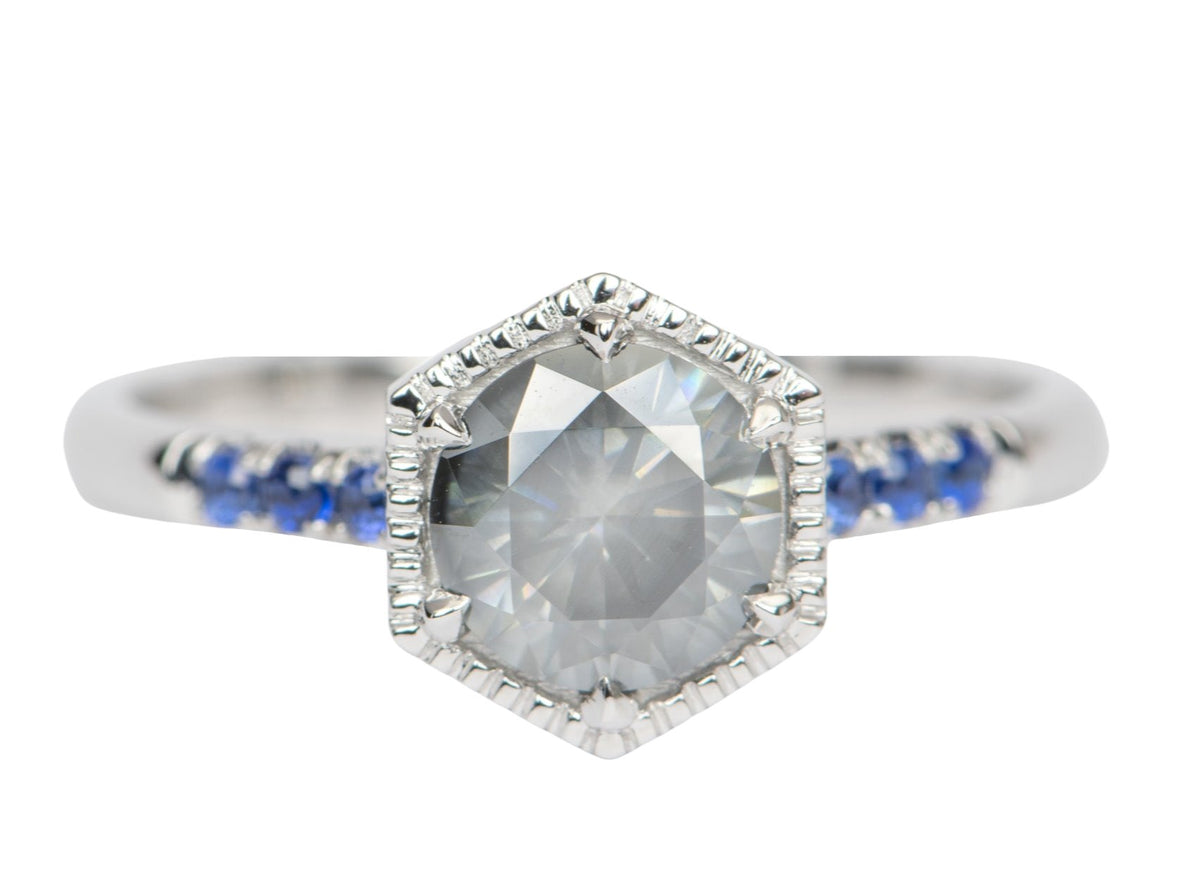 Gray Moissanite in Hexagon Setting Engagement Ring 14K White Gold R6405 Aurora Designer