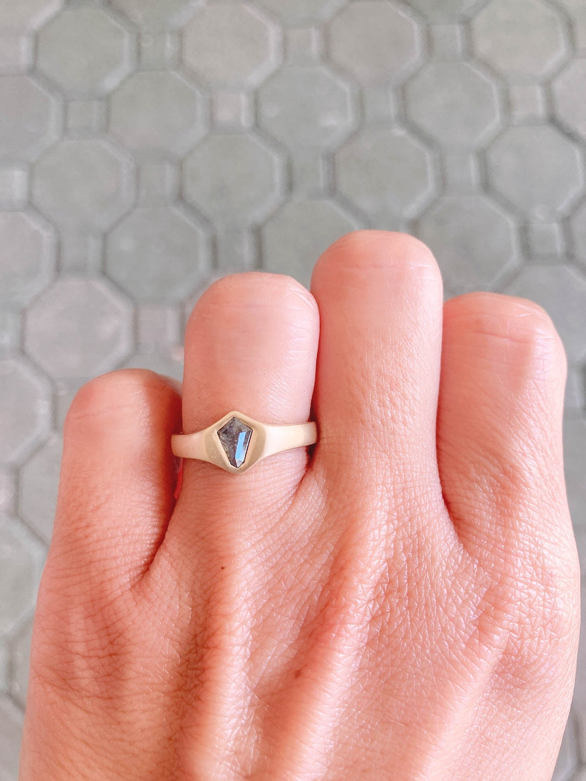 Shield Shape Salt and Pepper Diamond Heavy Signet Ring 14K Gold R6417 Aurora Designer