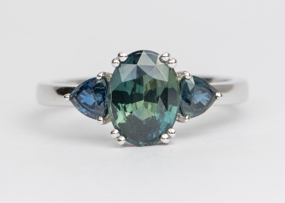 2.85ctw Teal Sapphire Three-Stone 14K White Gold Engagement Ring R6421 Aurora Designer