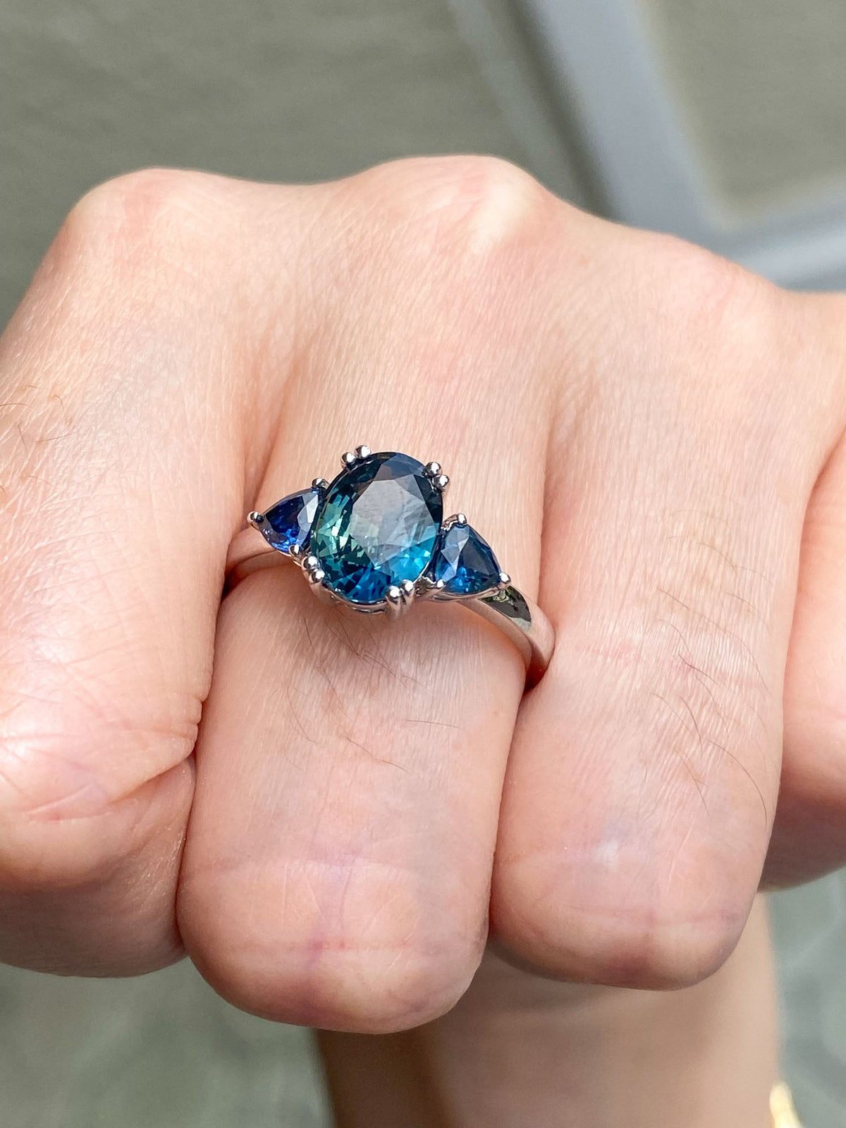 2.85ctw Teal Sapphire Three-Stone 14K White Gold Engagement Ring R6421 Aurora Designer