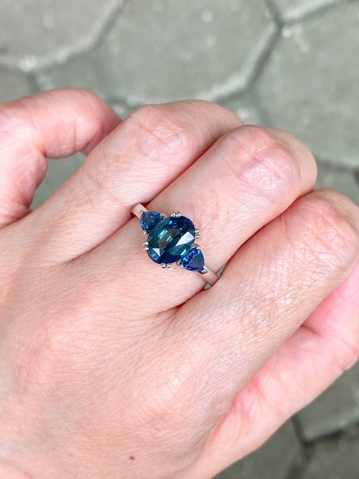 2.85ctw Teal Sapphire Three-Stone 14K White Gold Engagement Ring R6421 Aurora Designer