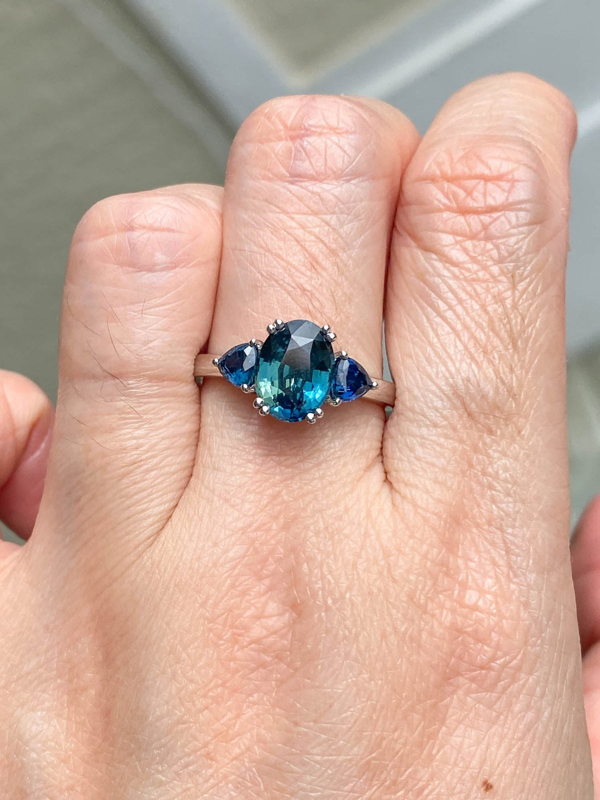 2.85ctw Teal Sapphire Three-Stone 14K White Gold Engagement Ring R6421 Aurora Designer