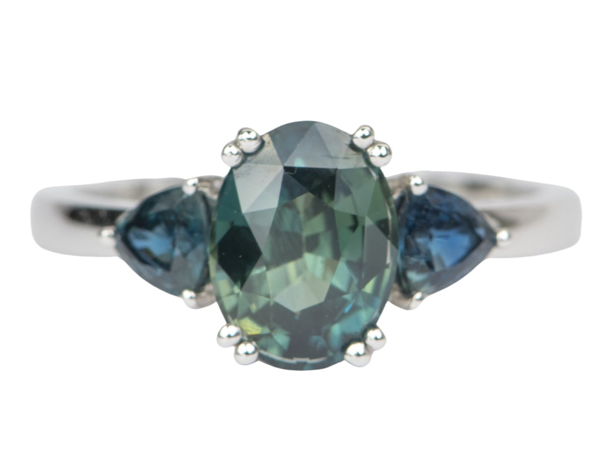 2.85ctw Teal Sapphire Three-Stone 14K White Gold Engagement Ring R6421 Aurora Designer