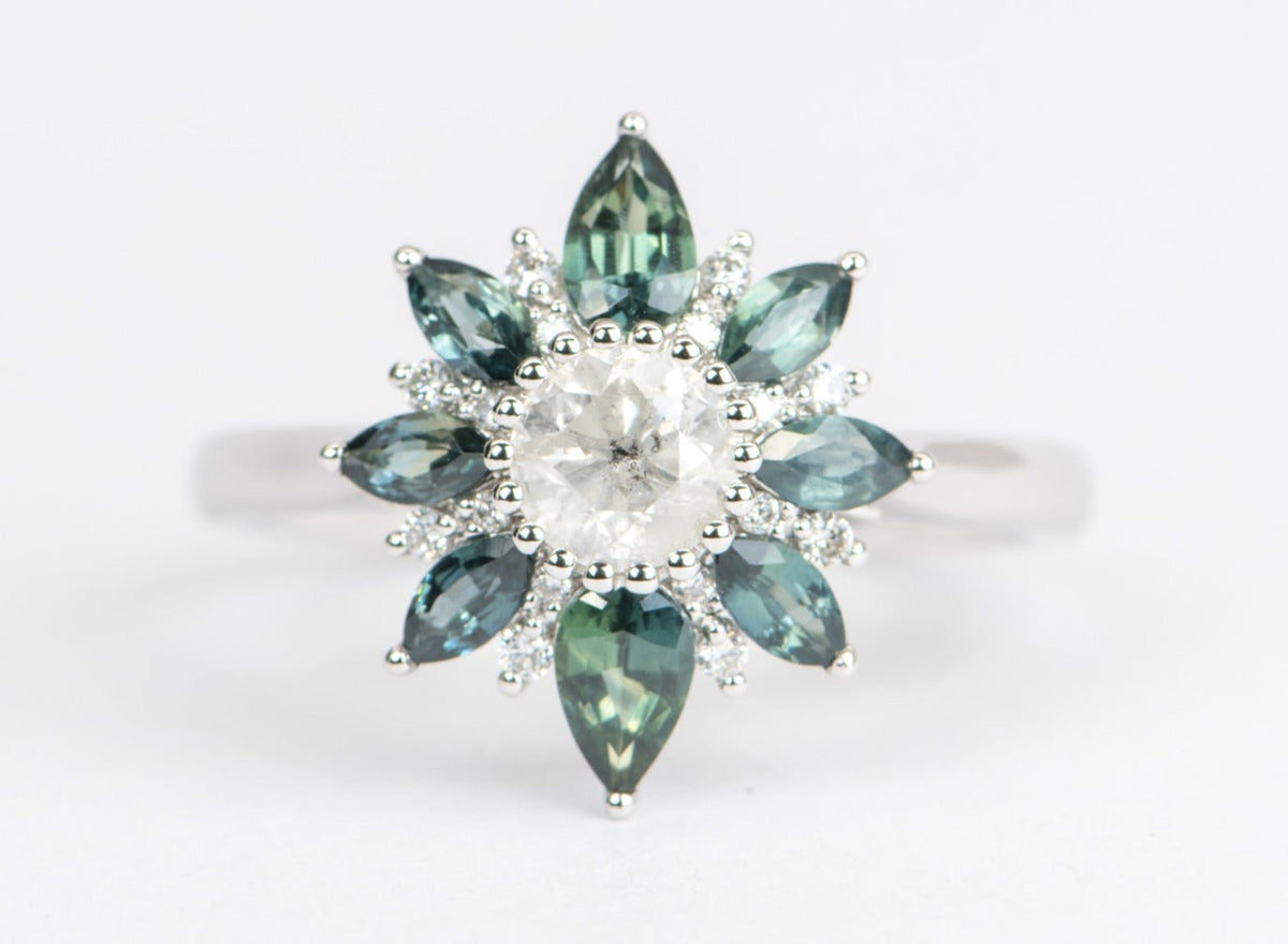 Opalescent Diamond with Montana Sapphire Halo Engagement Ring 14K White Gold R6423 Aurora Designer