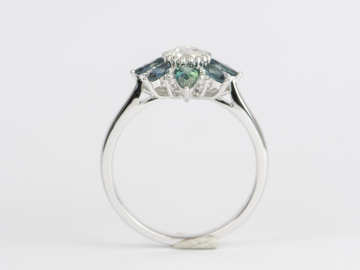 Opalescent Diamond with Montana Sapphire Halo Engagement Ring 14K White Gold R6423 Aurora Designer