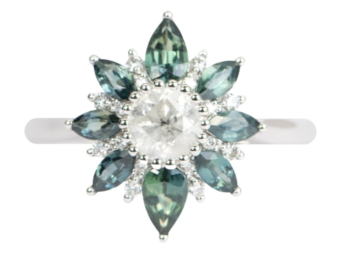 Opalescent Diamond with Montana Sapphire Halo Engagement Ring 14K White Gold R6423 Aurora Designer
