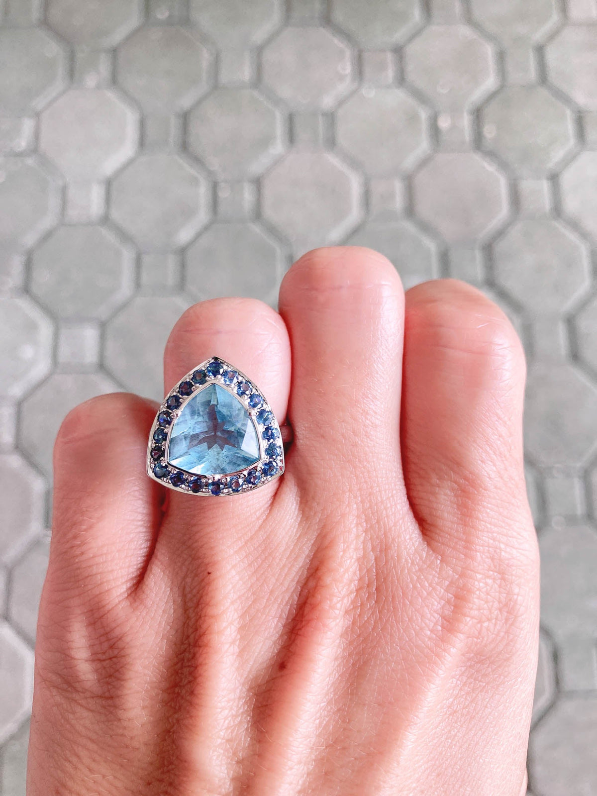 4.18ct Large Moss Aquamarine with Montana Sapphire Halo Engagement Ring 9K White Gold R6428 Aurora Designer