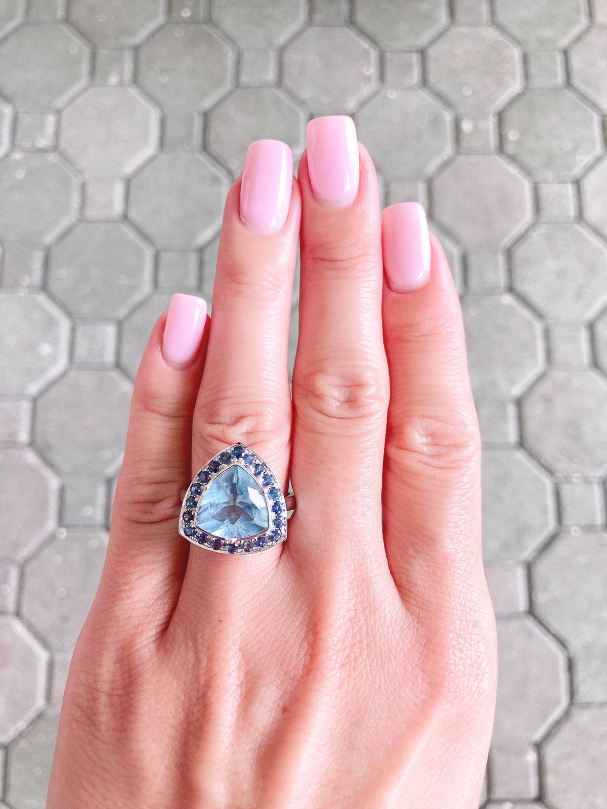 4.18ct Large Moss Aquamarine with Montana Sapphire Halo Engagement Ring 9K White Gold R6428 Aurora Designer