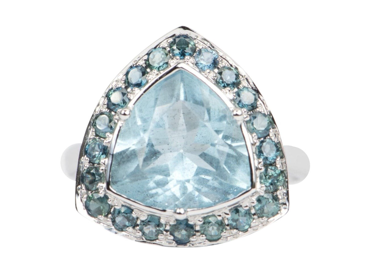 4.18ct Large Moss Aquamarine with Montana Sapphire Halo Engagement Ring 9K White Gold R6428 Aurora Designer
