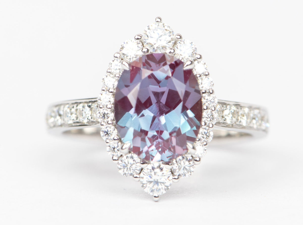 3.26ct Lab Alexandrite with Moissanite Halo and Band Engagement Ring 14K White Gold R6429 Aurora Designer
