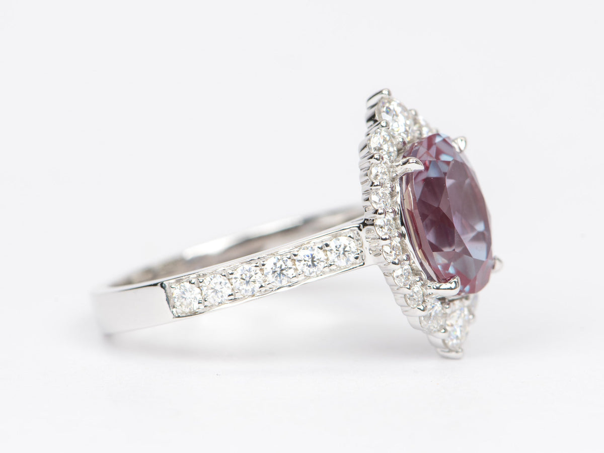 3.26ct Lab Alexandrite with Moissanite Halo and Band Engagement Ring 14K White Gold R6429 Aurora Designer