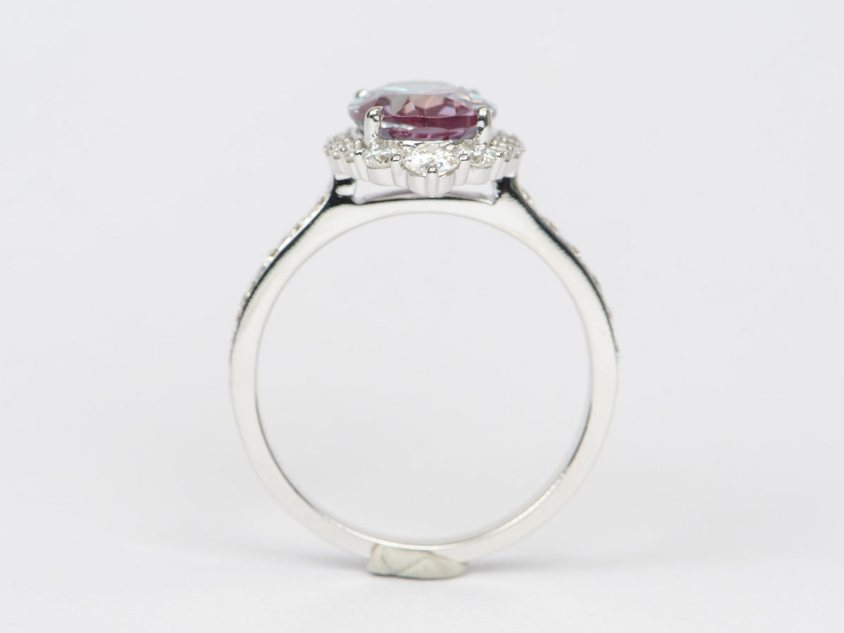 3.26ct Lab Alexandrite with Moissanite Halo and Band Engagement Ring 14K White Gold R6429 Aurora Designer