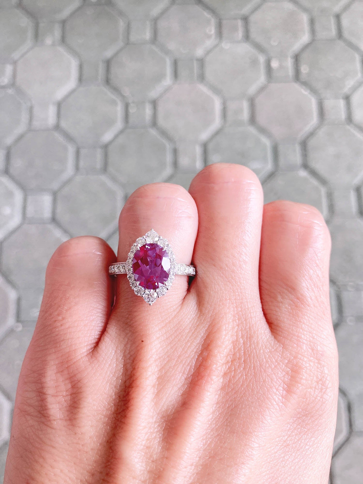 3.26ct Lab Alexandrite with Moissanite Halo and Band Engagement Ring 14K White Gold R6429 Aurora Designer