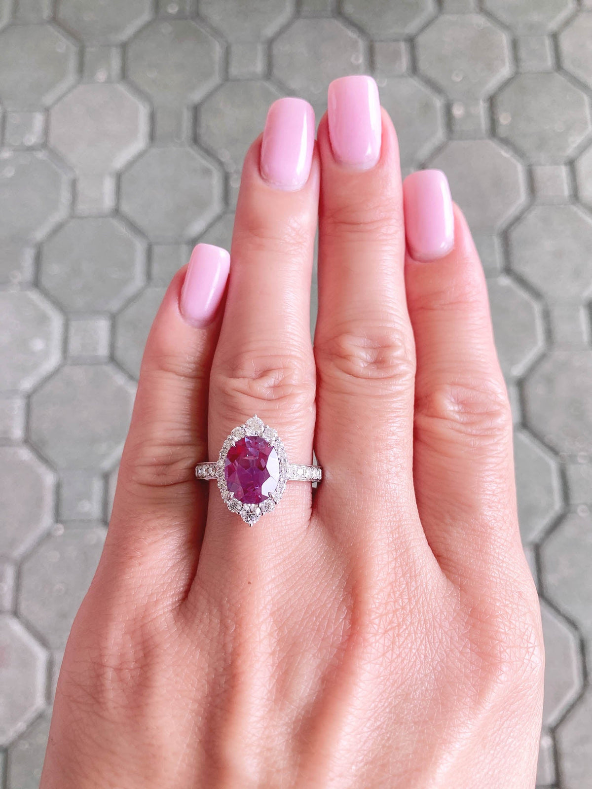 3.26ct Lab Alexandrite with Moissanite Halo and Band Engagement Ring 14K White Gold R6429 Aurora Designer