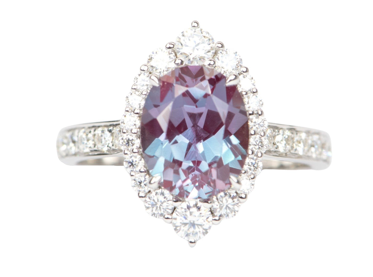 3.26ct Lab Alexandrite with Moissanite Halo and Band Engagement Ring 14K White Gold R6429 Aurora Designer