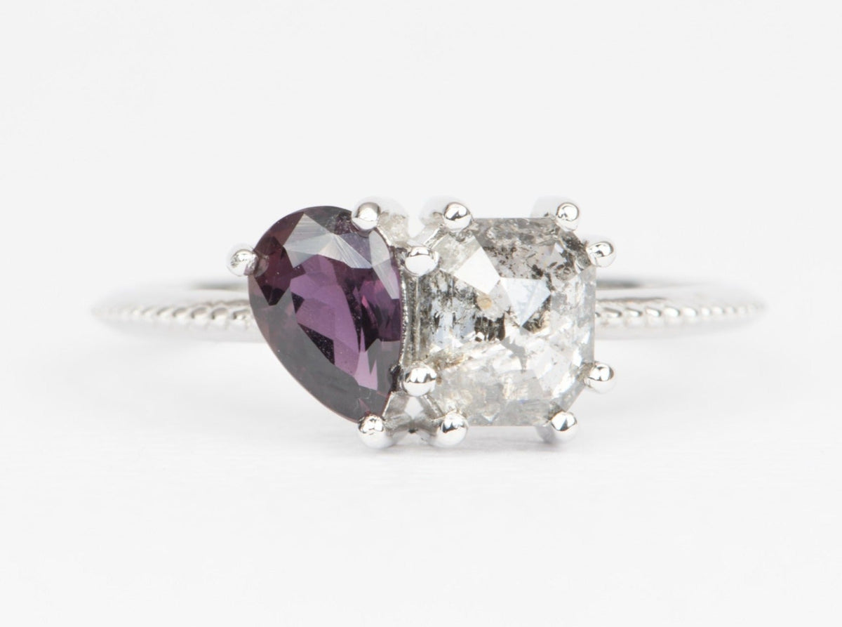 Salt and Pepper Diamond and Montana Sapphire You and Me Ring 14K White Gold R6447 Aurora Designer