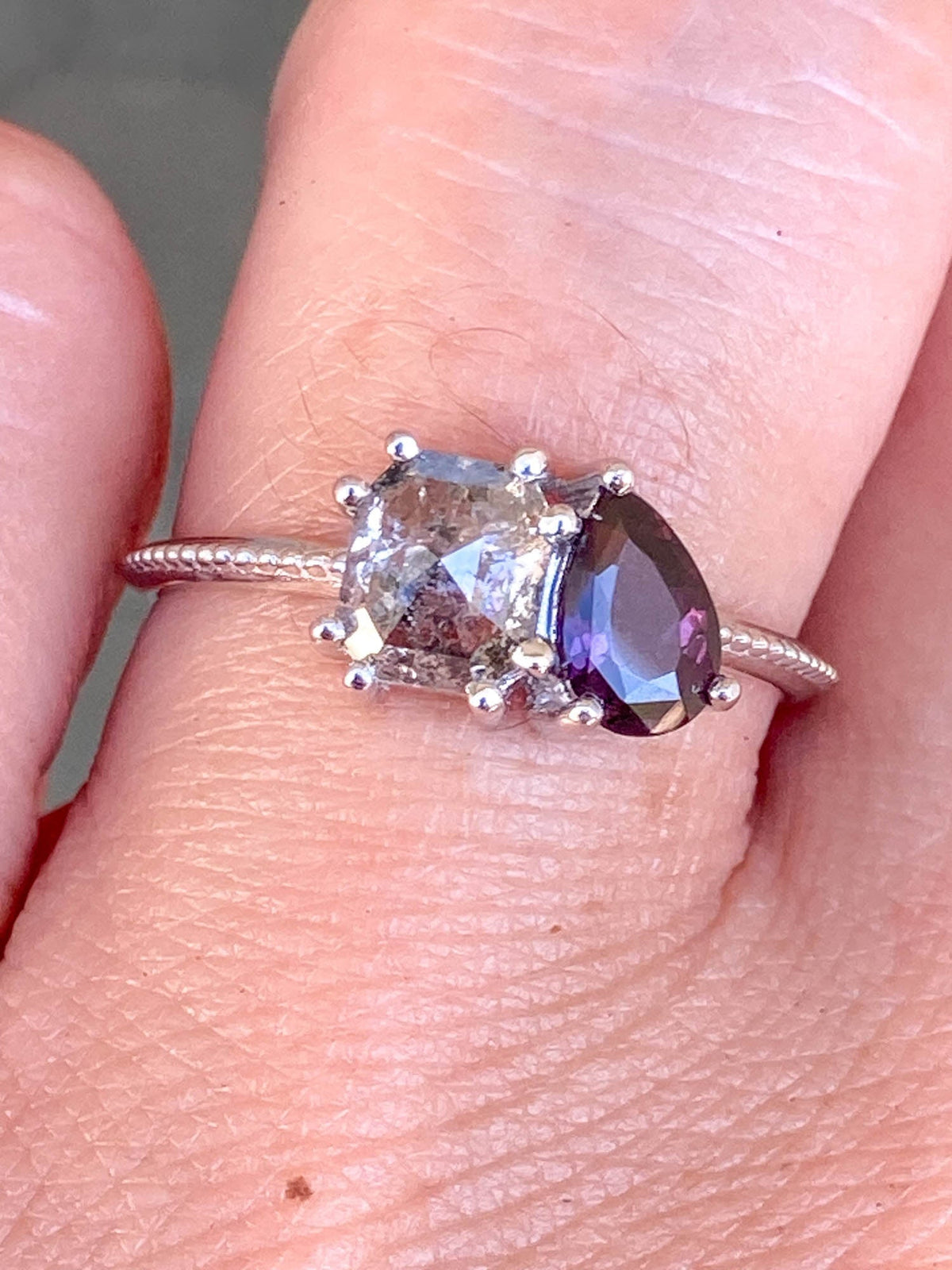 Salt and Pepper Diamond and Montana Sapphire You and Me Ring 14K White Gold R6447 Aurora Designer