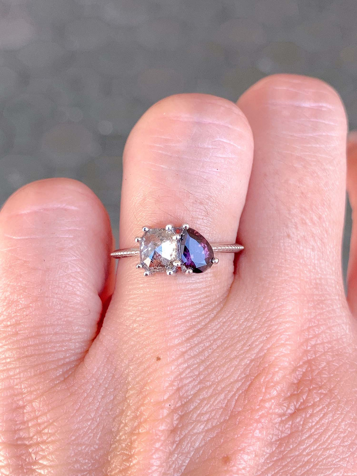 Salt and Pepper Diamond and Montana Sapphire You and Me Ring 14K White Gold R6447 Aurora Designer