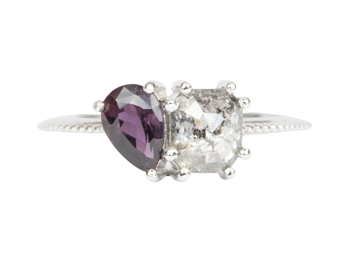 Salt and Pepper Diamond and Montana Sapphire You and Me Ring 14K White Gold R6447 Aurora Designer