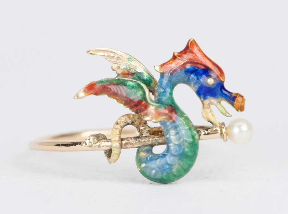 Vintage Pin Conversion Enamel Dragon Griffin 14K Gold Ring R6453 Aurora Designer