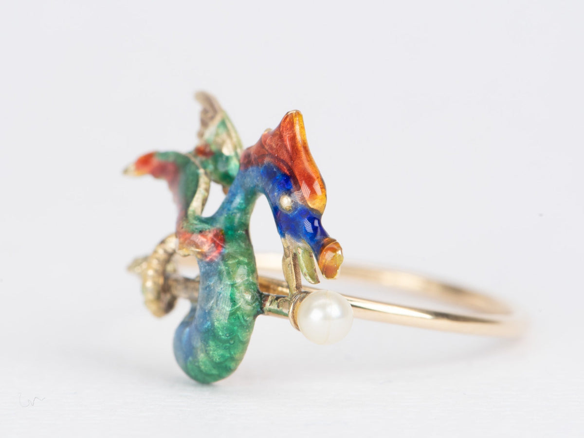 Vintage Pin Conversion Enamel Dragon Griffin 14K Gold Ring R6453 Aurora Designer