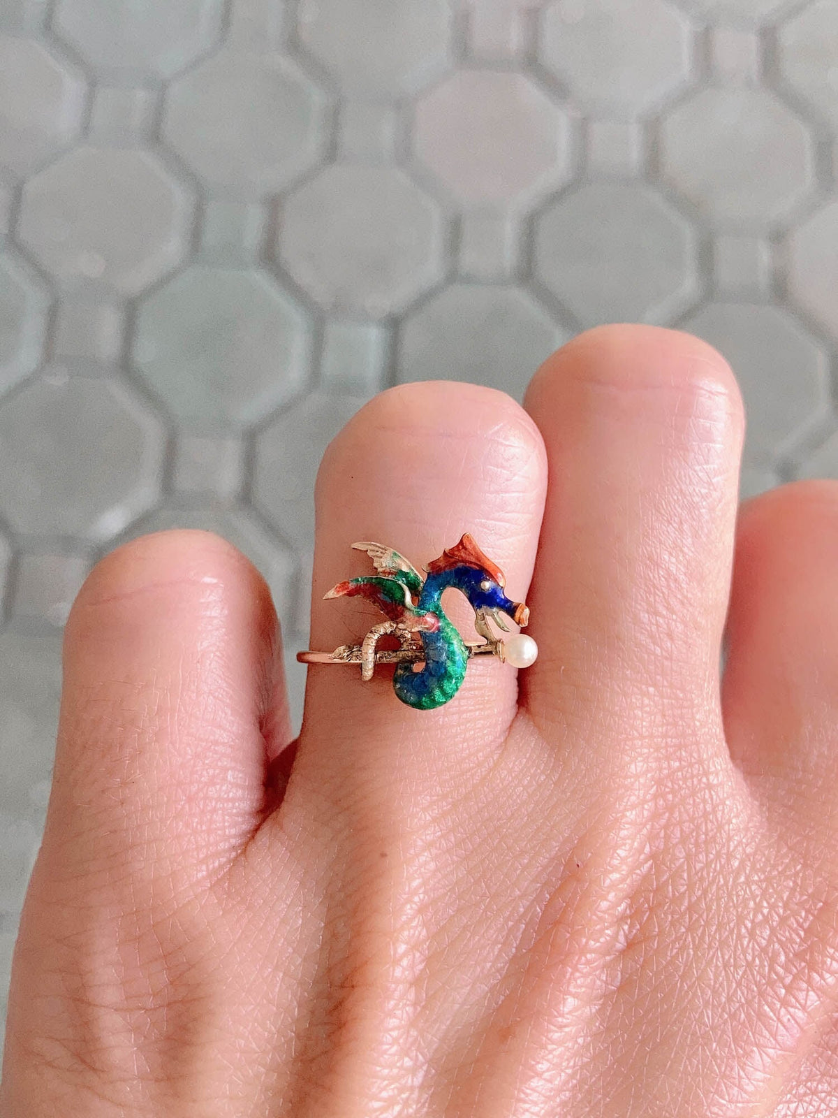 Vintage Pin Conversion Enamel Dragon Griffin 14K Gold Ring R6453 Aurora Designer
